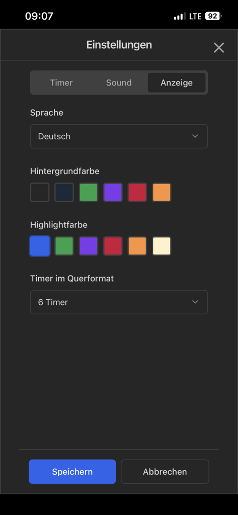 Kitchen-Timer Pro - Kitchen-Timer Pro settings screen showing language selection and color theme customization options