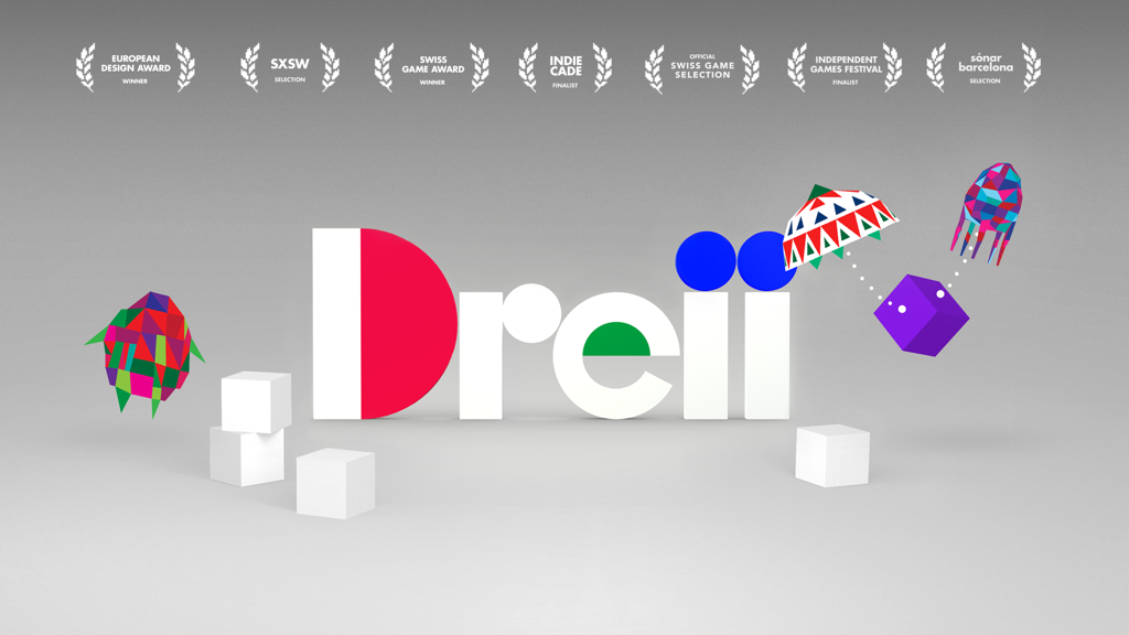 Dreii game title screen showcasing multiple design awards and minimalist geometric characters.