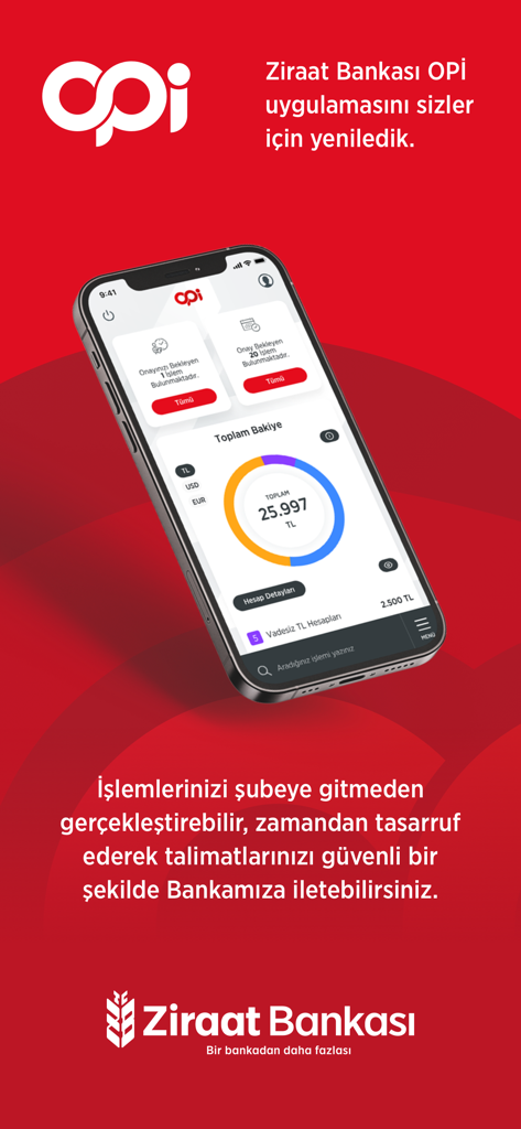 The Ziraat Bankasi OPI mobile app dashboard on an iPhone displaying total account balances and transaction approval notifications