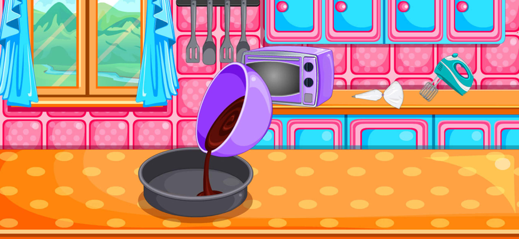 Baking black forest cake games - A purple bowl pouring chocolate cake batter into a pan in a colorful cartoon kitchen