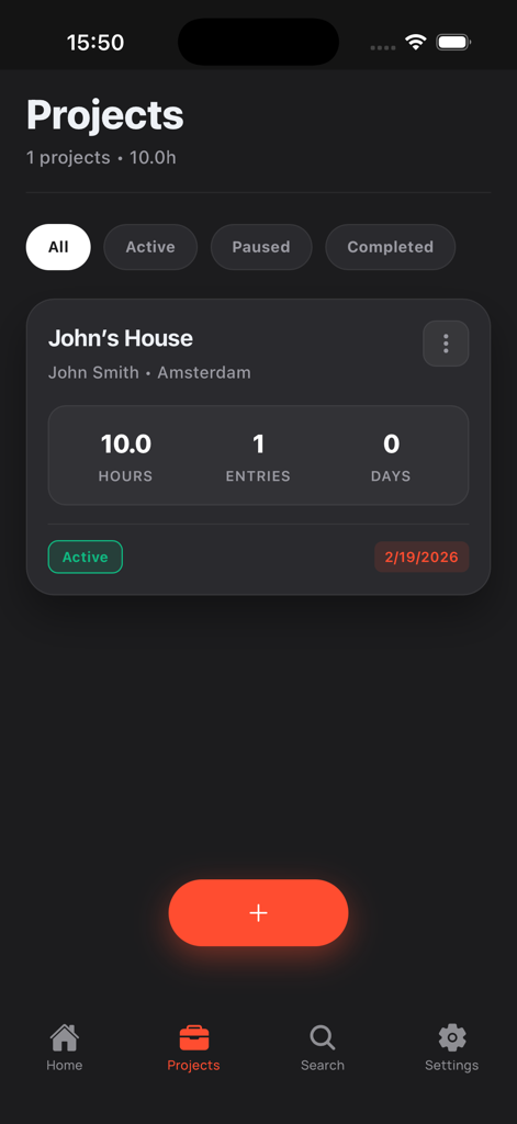 Workfolio - Work Track - Dashboard view of the Workfolio app showing active projects and total hours tracked.