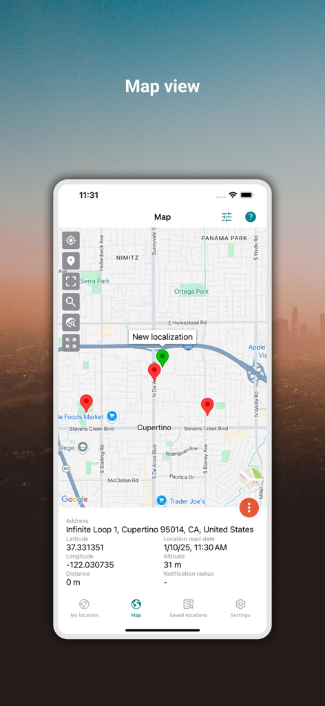 My GPS Coordinates ° - Vista de mapa de la aplicación Mis Coordenadas GPS que muestra la latitud y longitud precisas de las ubicaciones marcadas