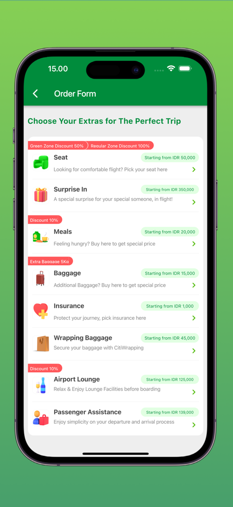 Formulario de pedido de la aplicación móvil Citilink para elegir extras de vuelo como asientos, comidas y equipaje