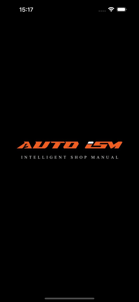 Auto ISM - Auto ISM Intelligent Shop Manual Startbildschirm mit orange-weißem Logo auf schwarzem Hintergrund