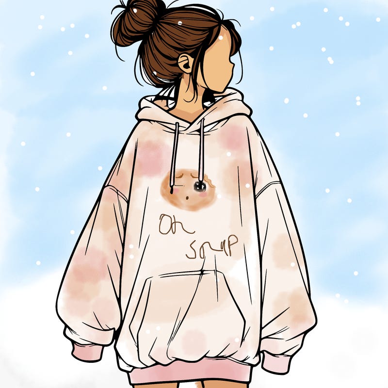 realistic girl with a oversized sweatshirt on and a bun