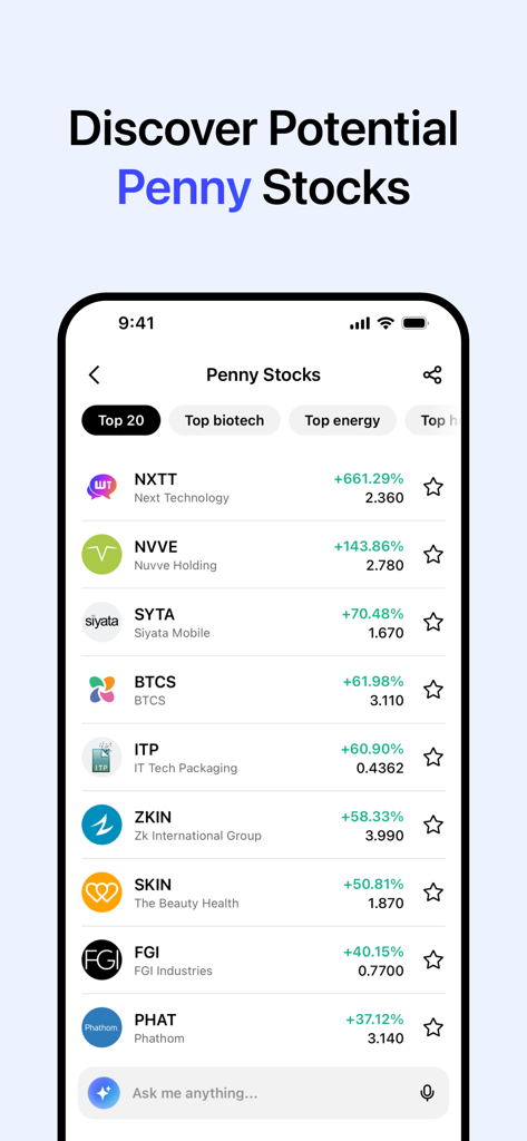 Mobile app interface of Penny Stocks Screener showing a list of top gaining stocks with real-time price data and percentage increases.