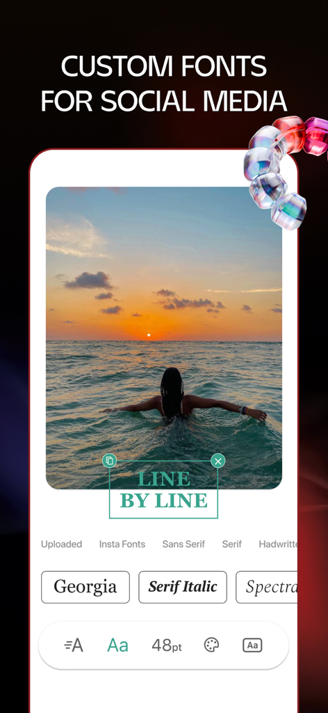 Interface de l'application Lift montrant la sélection de polices personnalisées et les outils d'édition de texte pour les publications sur les réseaux sociaux