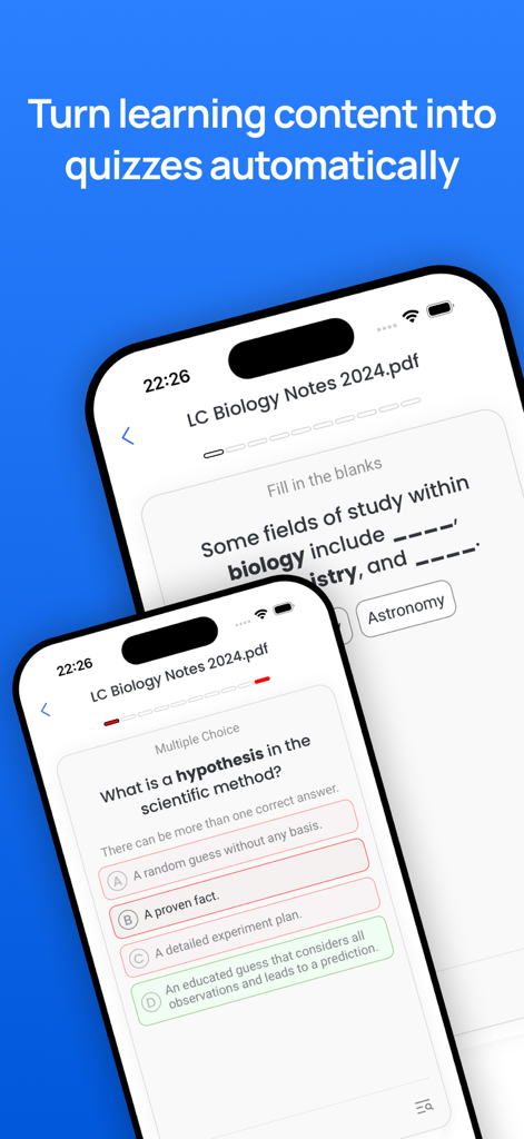 Hesse Cards - Two iPhone screens displaying automatically generated biology quizzes with fill-in-the-blanks and multiple-choice questions from a PDF study guide.