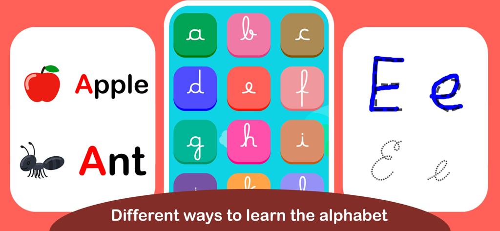 Educational app interface showing three ways to learn the alphabet through word association cursive letters and tracing exercises