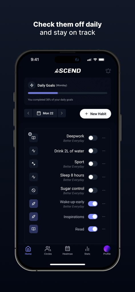 Ascend - Habit Tracker - Ascend habit tracker app interface showing daily goals checklist and progress completion bar on an iPhone