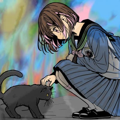 realistic anime girl bending down to pet a cat