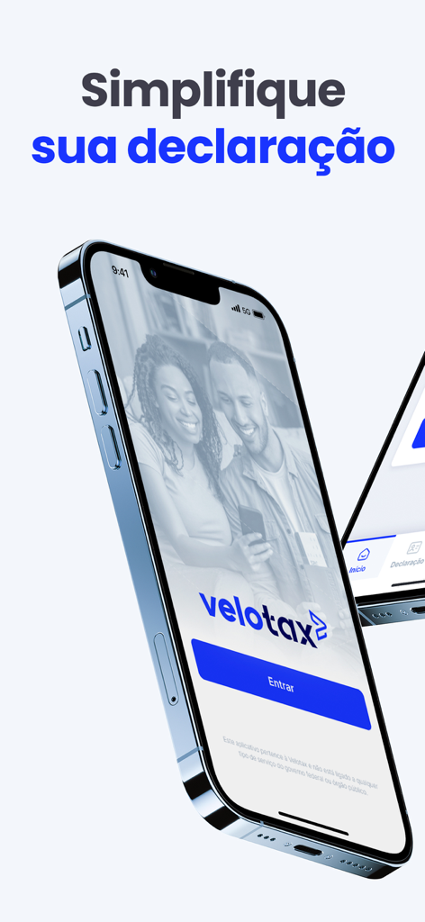 Velotax app interface on iPhone with the slogan Simplify your declaration in Portuguese