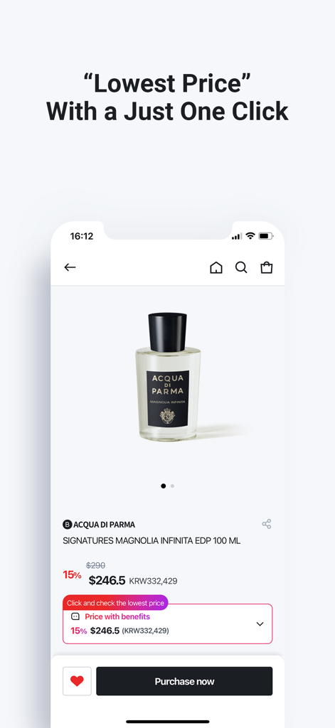 Hyundai Duty Free - Product page for Acqua di Parma luxury perfume on Hyundai Duty Free app showing a 15 percent discount and lowest price guarantee