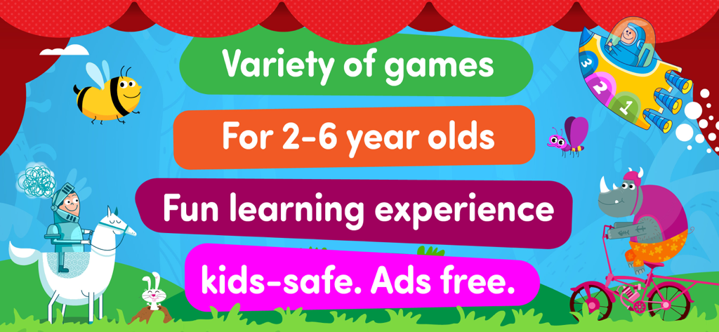 Educational features of 123 Toddler games app highlighting safe and ad free learning for ages 2 to 6