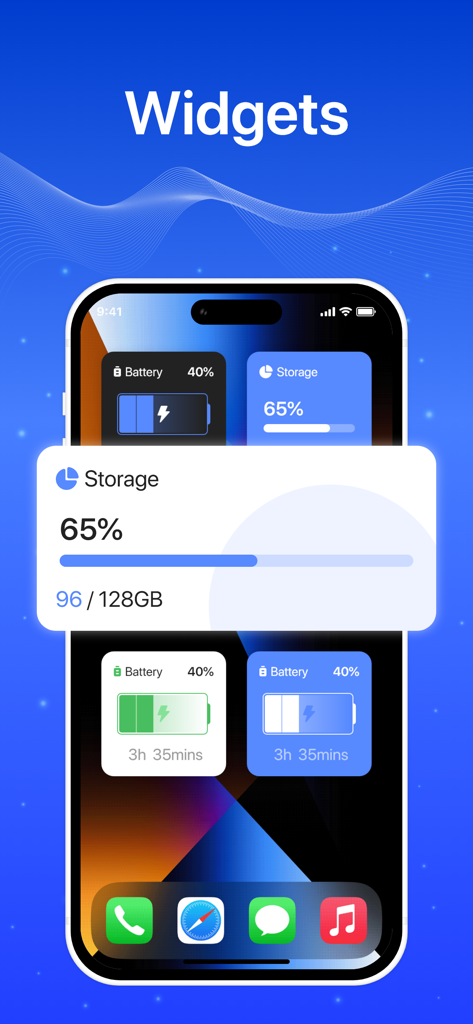Cleanify: Purge Lite - iPhone home screen displaying Cleanify storage and battery status widgets.