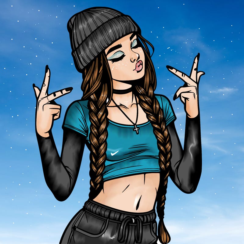 realistic teenage girl with braids and a beanie and crop top doing 🫶🏼