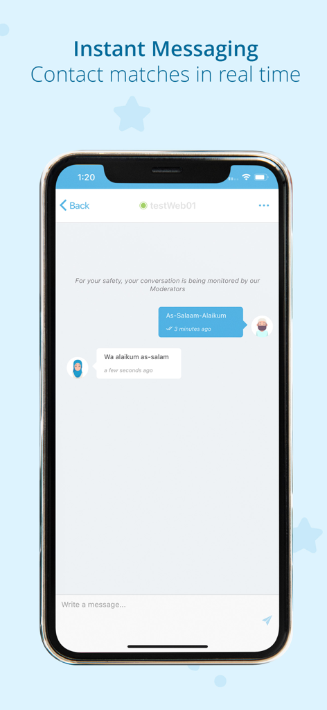 Secure instant messaging interface in Pure Matrimony app showing moderated conversations with Islamic greetings