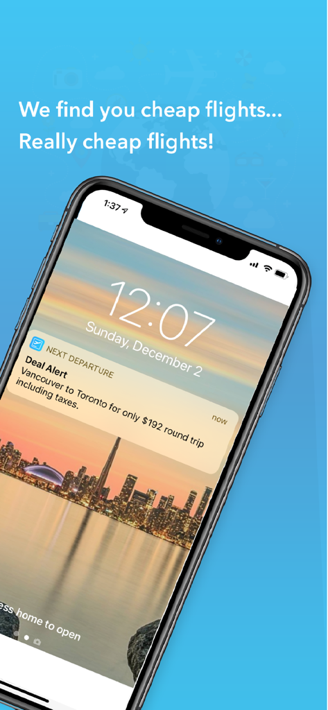 Next Departure: Cheap Flights - Schermata di blocco dell'iPhone che mostra un avviso di offerta di volo economico dall'app Next Departure per un viaggio da Vancouver a Toronto