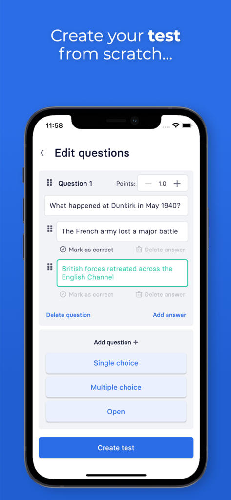 Examica for Teachers - Un smartphone mostrando la interfaz de la aplicación Examica donde un profesor puede crear y editar preguntas de examen con opciones de opción múltiple
