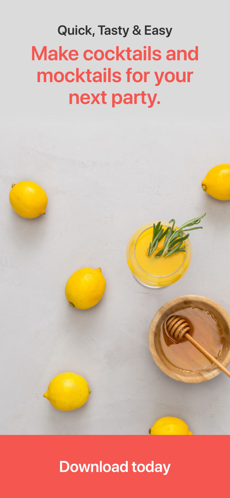 A yellow cocktail with rosemary garnish surrounded by lemons and honey for party drink recipes