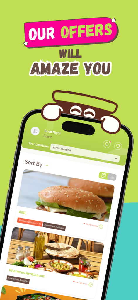 Yummy: Food, grocery & more - Yummy app interface showing food delivery offers from local Palestinian restaurants