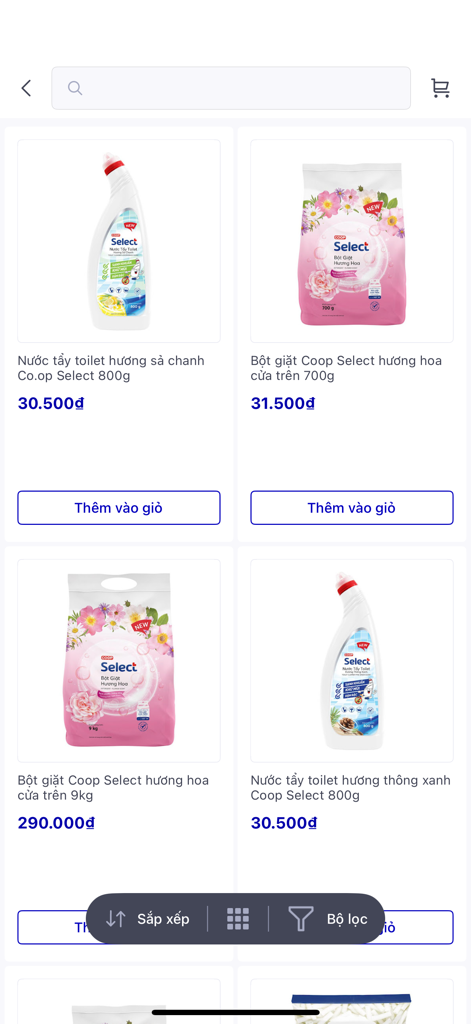Co.op Online app displaying a selection of household cleaning and laundry products.