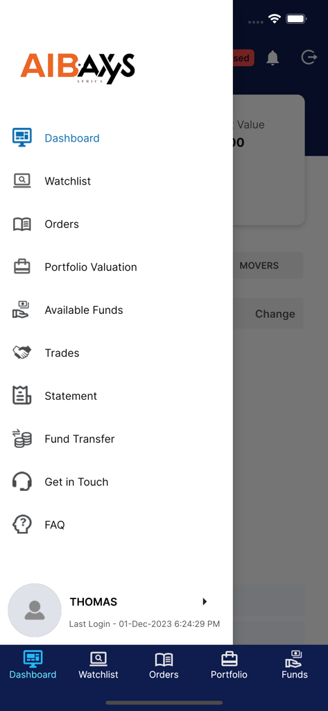 AIB DigiTrader - Side navigation menu of the AIB DigiTrader mobile app showing trading and portfolio options