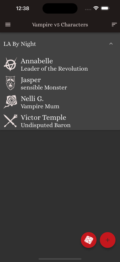 Vampire v5 Characters - A mobile app interface displaying a list of vampire characters with their titles and clan symbols under the heading LA By Night.