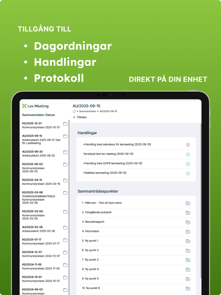 Interfaz de la aplicación Nya Lexmeeting en un iPad que muestra una lista de agendas y documentos de reuniones de la junta.