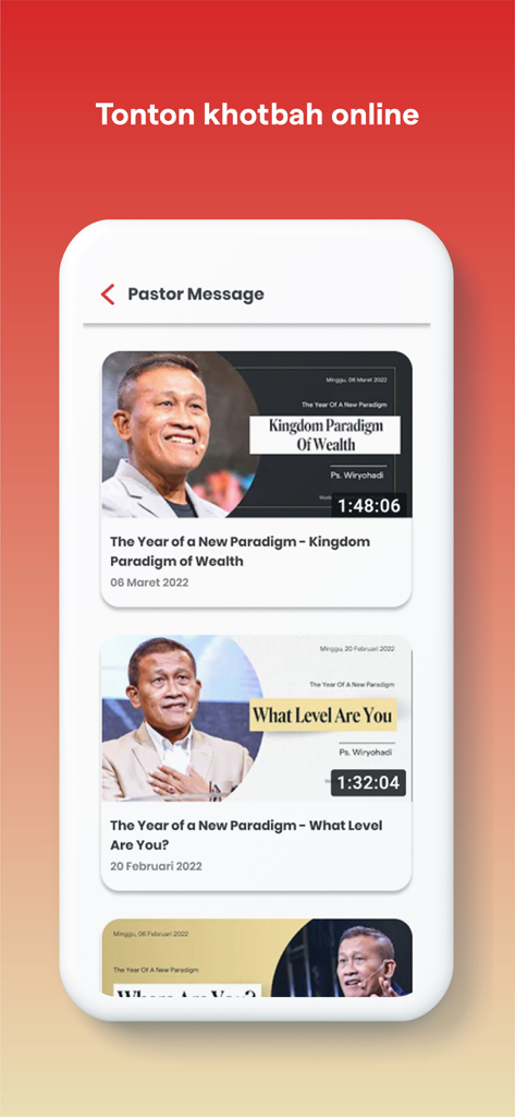 GBI WTC - GBI WTC app interface showing a list of recorded pastor messages and online sermons