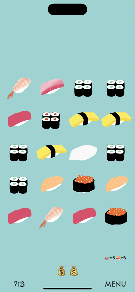 Sushi Falling Blocks - かわいい寿司アイコンとお金袋の報酬を備えた寿司落ちゲーパズルゲームのゲームプレイ画面