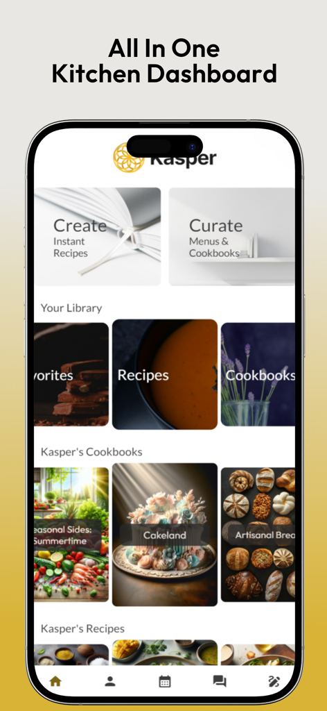 Kasper AI Master Private Chef - Interfaz de la aplicación Kasper AI Master Private Chef mostrando el panel de control de la cocina con secciones para recetas y libros de cocina
