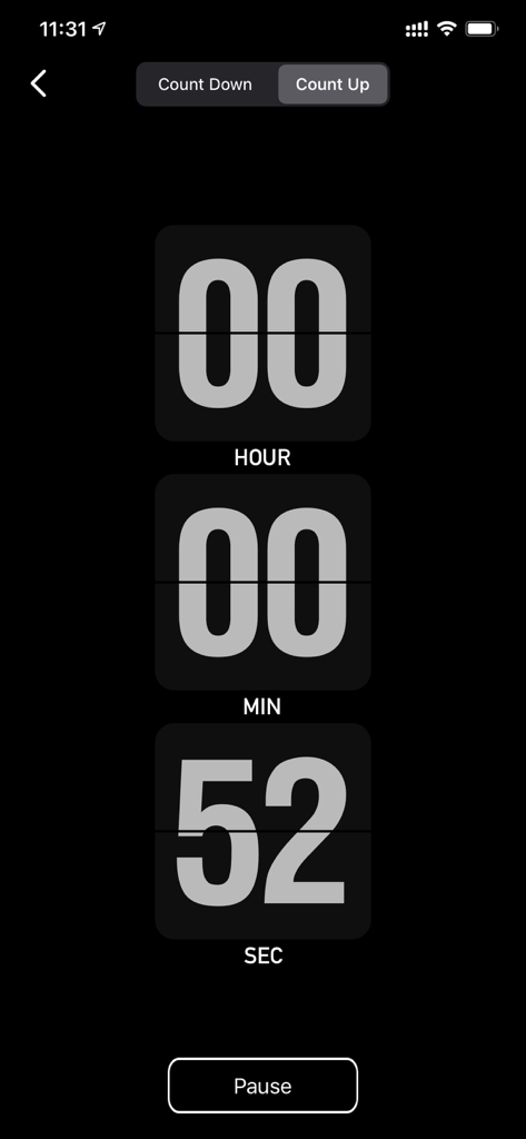 Focus timer - time keeper - Minimalist focus timer app interface with a grey flip clock display on a black background.