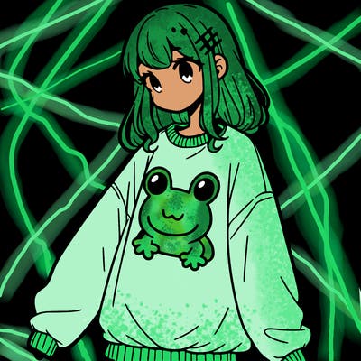 girl wearing frogging sweatshirt