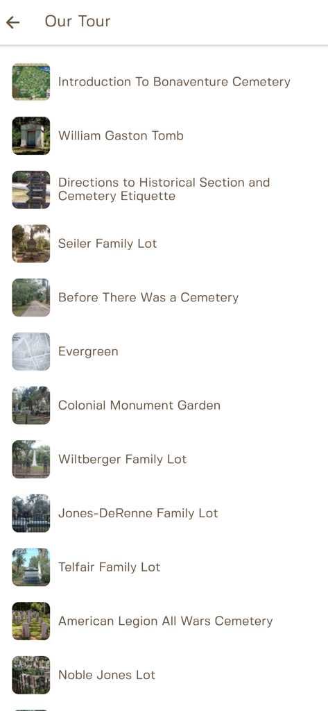 A list of historical tour stops and family lots within the Bonaventure Cemetery Tours mobile app.