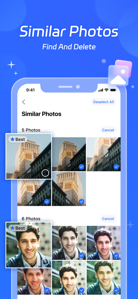 Clean Easily-Storage Cleaner - Screenshot of the Clean Easily app interface showing the Similar Photos feature which identifies duplicate images and highlights the best version to save storage.