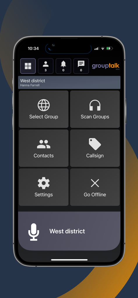 GroupTalk Push to Talk - GroupTalk push to talk mobile app dashboard showing group selection and communication controls