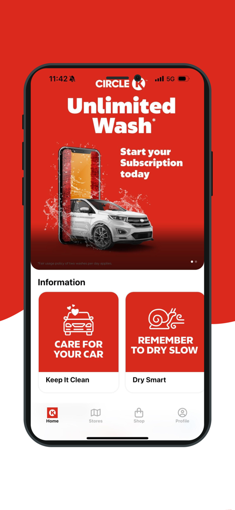 My Carwash (CK) - Tela inicial do aplicativo Circle K Meu Lava-Rápido promovendo uma assinatura de lavagem ilimitada.