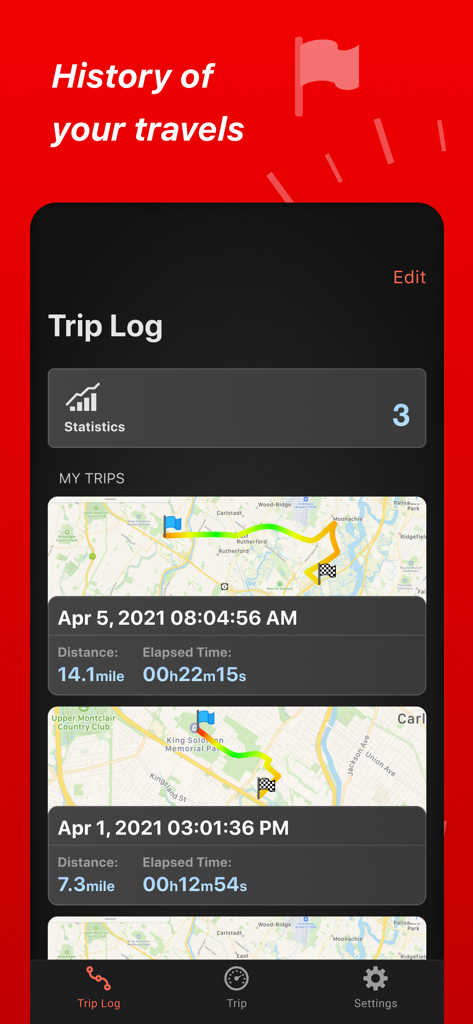 Speed Tracker. Pro - Trip Log interface of Speed Tracker Pro showing a list of past trips with maps and travel statistics.
