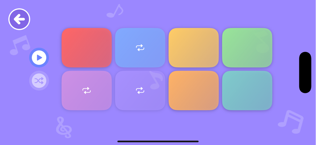 Lil rockstar: Kids Music Games - Colorful music pads and musical notes on a purple background in the Lil Rockstar kids game interface