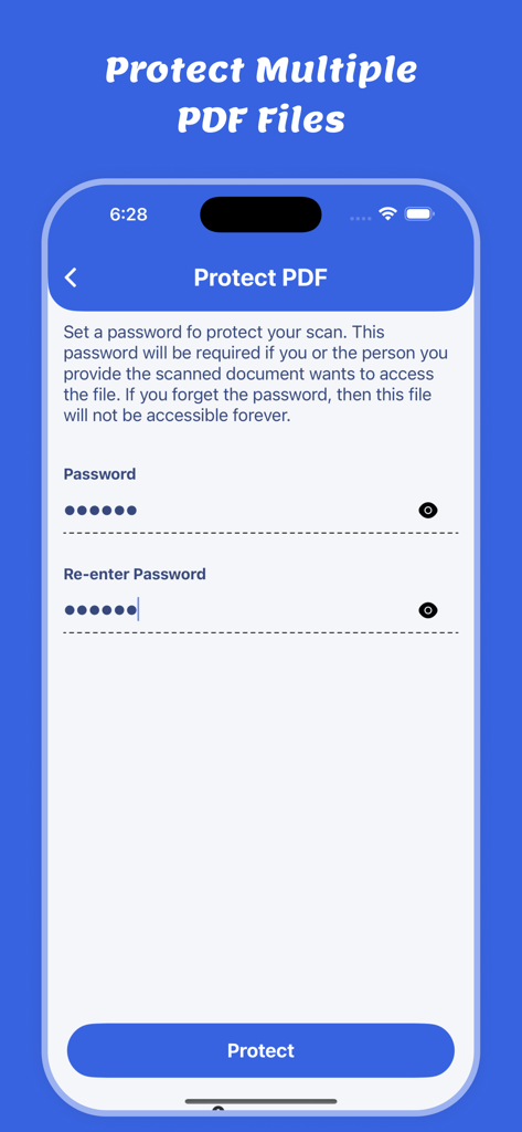 Web To PDF : Scanner & Reader - ドキュメントスキャンを保護するためのWeb To PDFアプリのパスワード保護インターフェースが表示されているスマートフォンの画面。