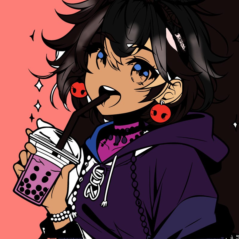 hot baddie anime girl drinking boba and biting the straw