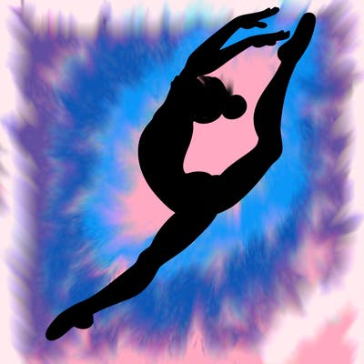 gymnast doing a leap in a leotard with a bent back leg