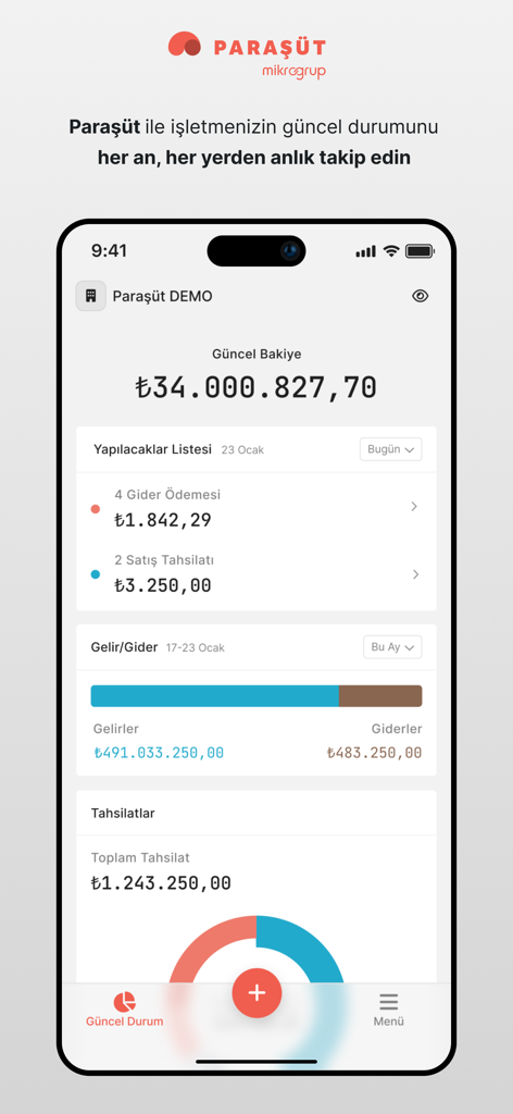 Parasutモバイルアプリのインターフェース。ビジネスの財務状況、現在の残高、収入と支出のチャートが表示されています。