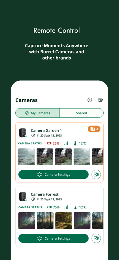 Burrel - Burrel mobile app interface for remote trail camera management and photo viewing