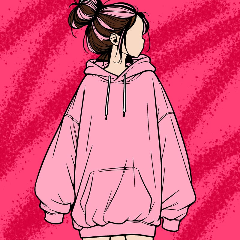 realistic girl with a oversized sweatshirt on and a bun