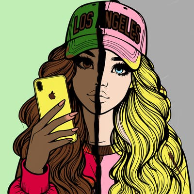 realistic beautiful girl wearing los ángeles cap holding an iphone