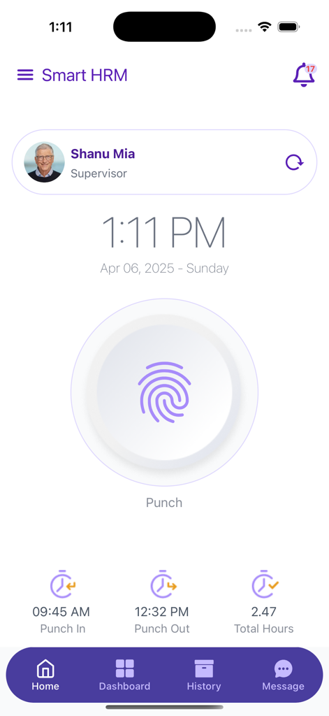 Smart HRM - Smart HRM mobile app home screen showing employee attendance punch and work hours tracking.