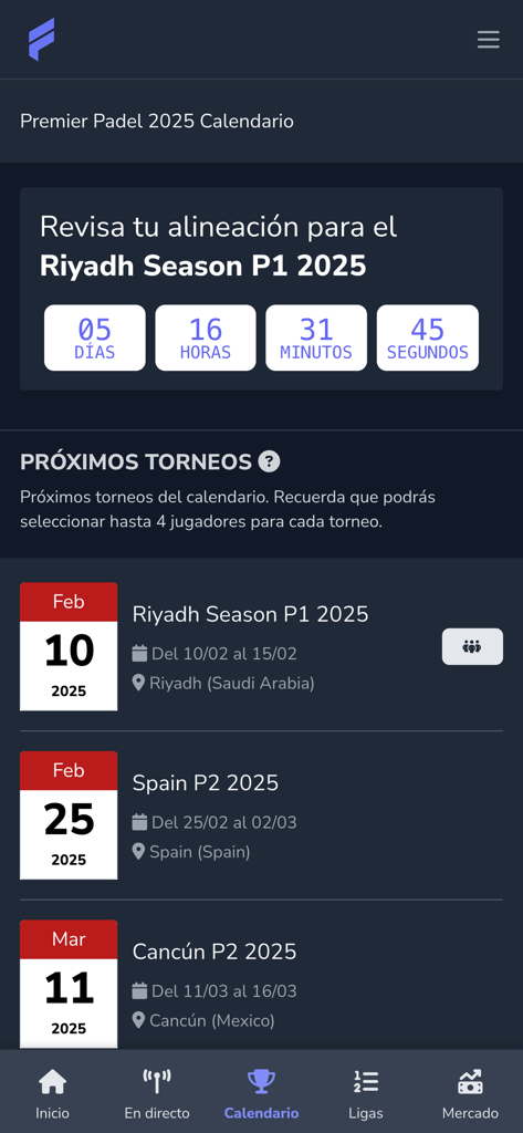 Fantasy Padel Tour - Tournament calendar and countdown for Premier Padel events in the Fantasy Padel Tour app