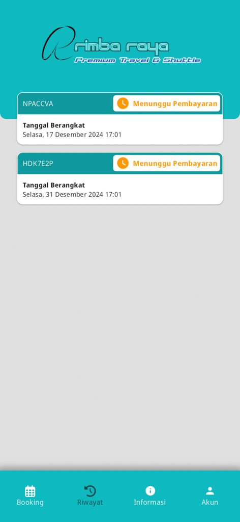 Rimba Raya Travel - Rimba Raya Travel app interface showing a list of shuttle bookings with a status of waiting for payment